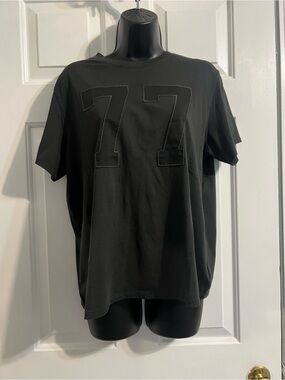American Eagle Outfitters Black Short-Sleeve Tee with Stitched 77 Detail